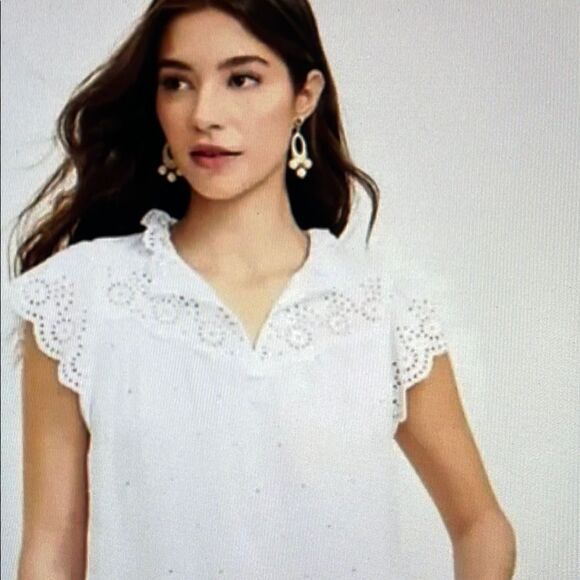 New! LOFT Eyelet Lace Ruffle Scalloped Top in White Size Medium NWT - Picture 2 of 12
